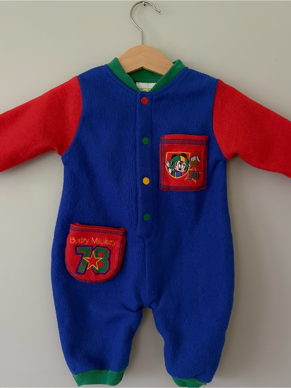 VTG Baby Mickey Blue & Red Fleece One-Piece Romper